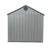 Rear view of a Lifetime 20x8 outdoor storage shed featuring light gray walls, a dark gray roof, and a circular vent.