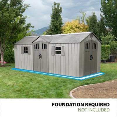 Lifetime 20x8 ft. storage shed studio shot noting foundation required, not included.