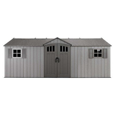 Studio product shot of the Lifetime 20x8 ft. storage shed, straight-on front view, centered doors, closed.