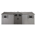 Studio product shot of the Lifetime 20x8 ft. storage shed, straight-on front view, centered doors, closed.