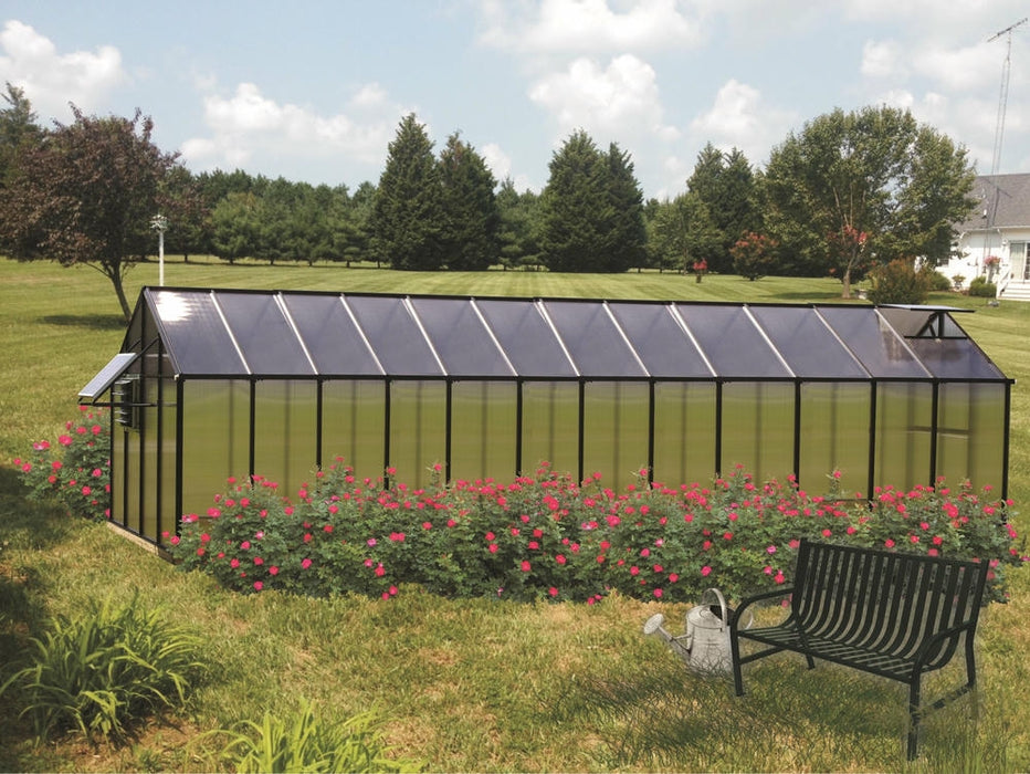 Riverstone MONT Greenhouse Mojave 24 ft model in black finish with extended length and roof vent system