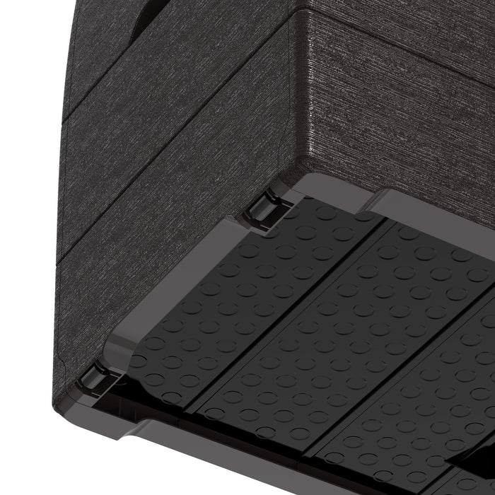 Close-up view of the texture and bottom detail of the Duramax 71 Gallon Outdoor Storage Box in Brown.