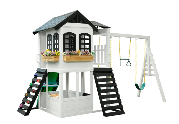 front and side angle of Reign Two Story Playhouse in white background