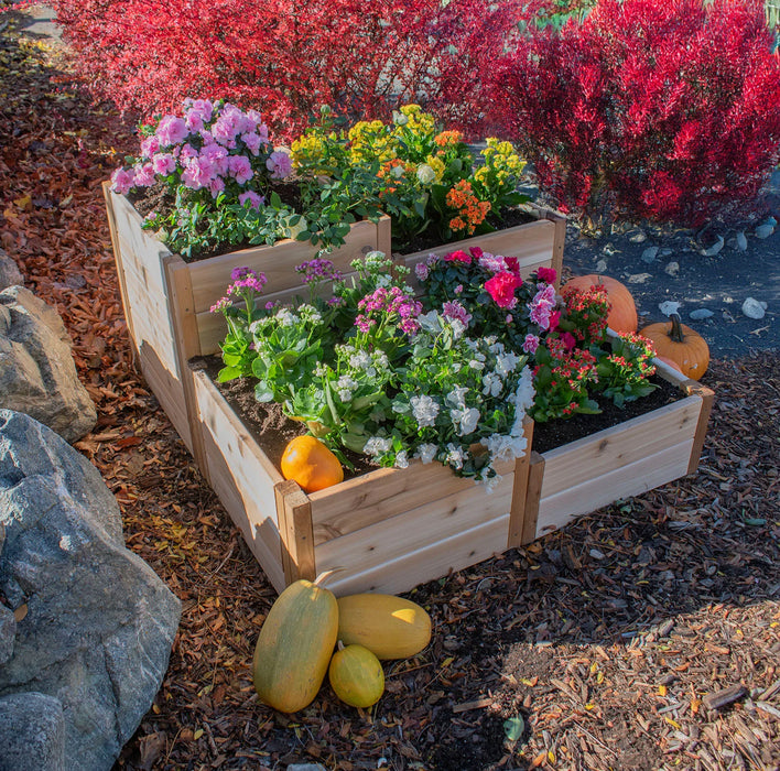 3.5x4 tiered raised garden bed made from Western red cedar filled with garden soil