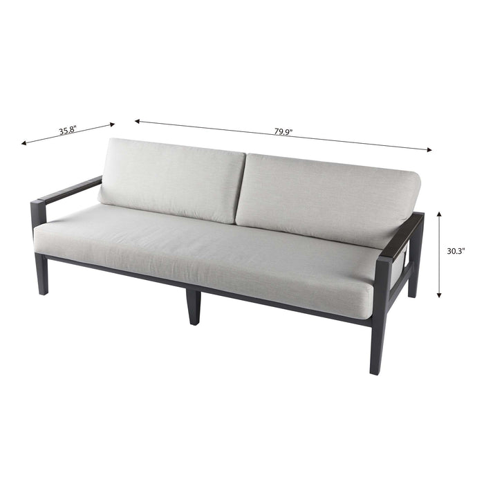 Measurement diagram for the Laguna Collection outdoor sofa, showing its width, depth, and height to help plan your outdoor space.