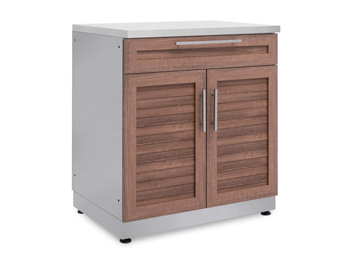 NewAge Classic Series 32 in. Bar Cabinet in Grove finish shown with a stainless steel countertop installed.