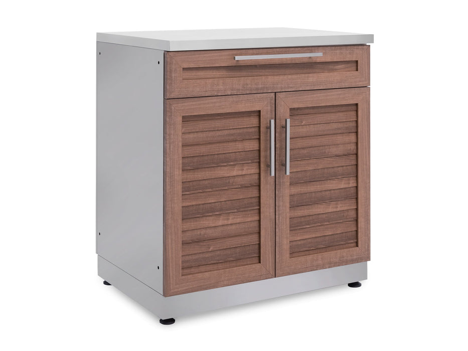 NewAge Classic Series 32 in. Bar Cabinet in Grove finish shown with a stainless steel countertop installed.