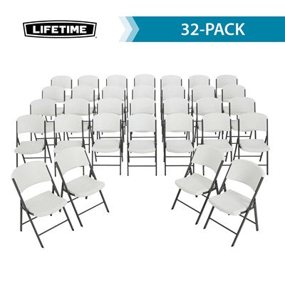 32 pack of Lifetime folding chairs arranged in rows, white seats with durable steel frames for large gatherings and commercial events