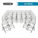 32 pack of Lifetime folding chairs arranged in rows, white seats with durable steel frames for large gatherings and commercial events