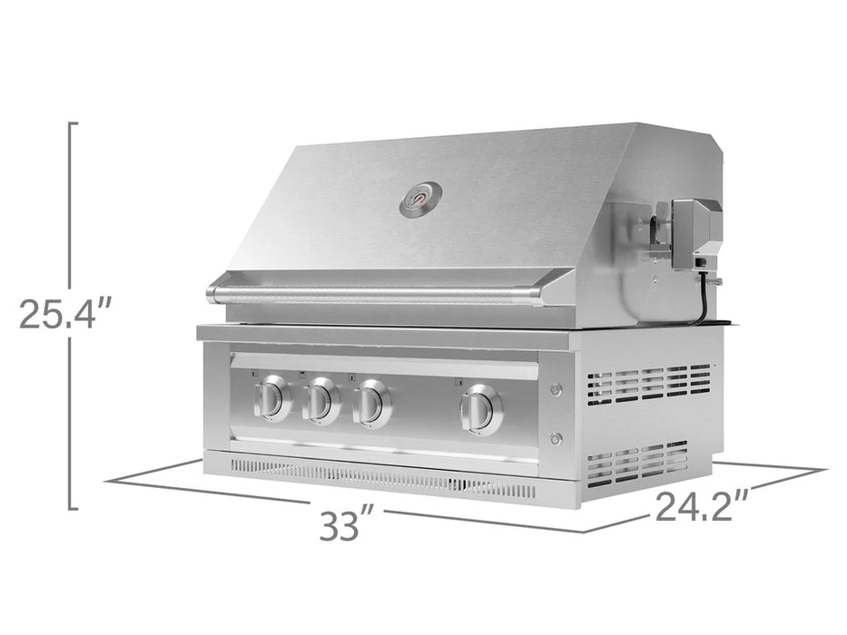 Dimension view of the 33-inch NewAge Outdoor Kitchen Stainless Steel Platinum Grill, showing width, height, and depth for installation reference.