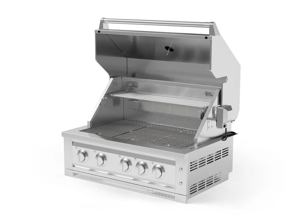 NewAge Outdoor Kitchen Premium Grill 36-inch liquid propane model with lid open, stainless steel design and multiple burners for outdoor cooking.