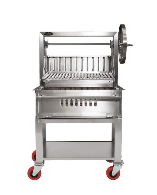 36-inch single cart stainless steel Argentine brasero by Sunterra, showcasing its rear grill design and sturdy frame.