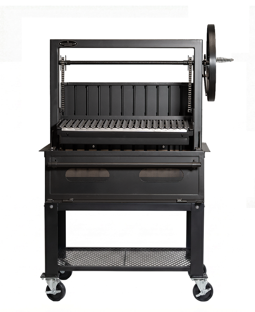 Side view of the 36 inch Sunterra Pro Series Argentine brasero grill cart with single grate, showing rear detail.