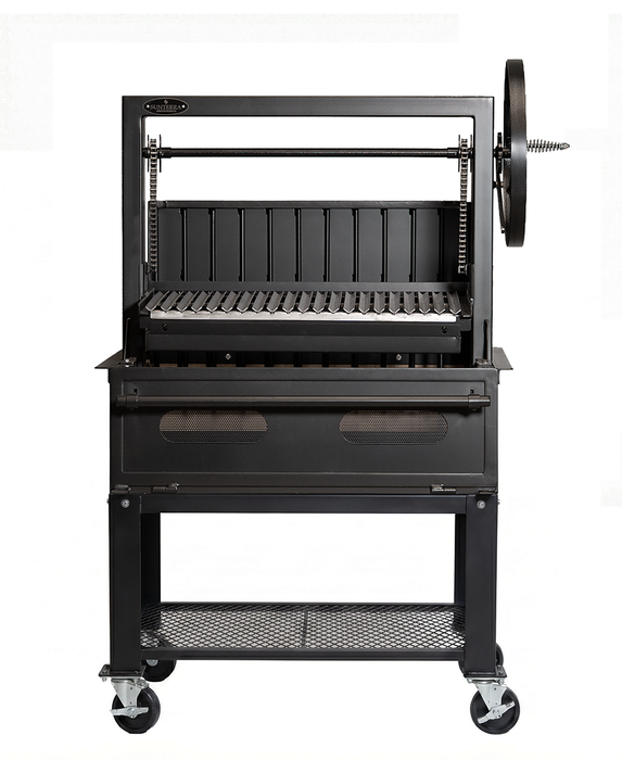 Side view of the 36 inch Sunterra Pro Series Argentine brasero grill cart with single grate, showing rear detail.