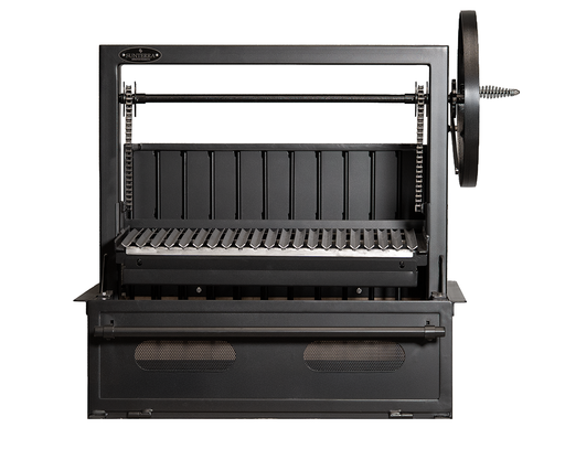 Sunterra Pro Series 36 inch built-in Argentine brasero grill with single grate, shown from the front on a patio.