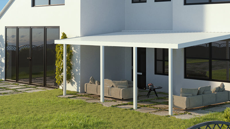 A more focused view of the Four Seasons Outdoor Living Solutions Optima Patio Cover with outdoor furniture underneath.
