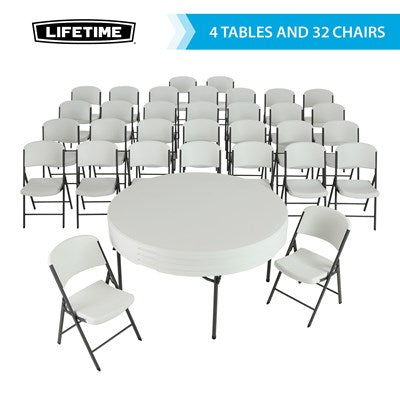 All-inclusive Lifetime Commercial Folding Tables and Chairs Set with 4 round tables and 32 white folding chairs on display