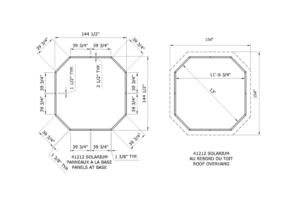 Technical drawing of the Gazebo Penguin Florence solarium 12x12 with dimensions, showing the octagonal footprint and roof overhang details for assembly and installation reference.