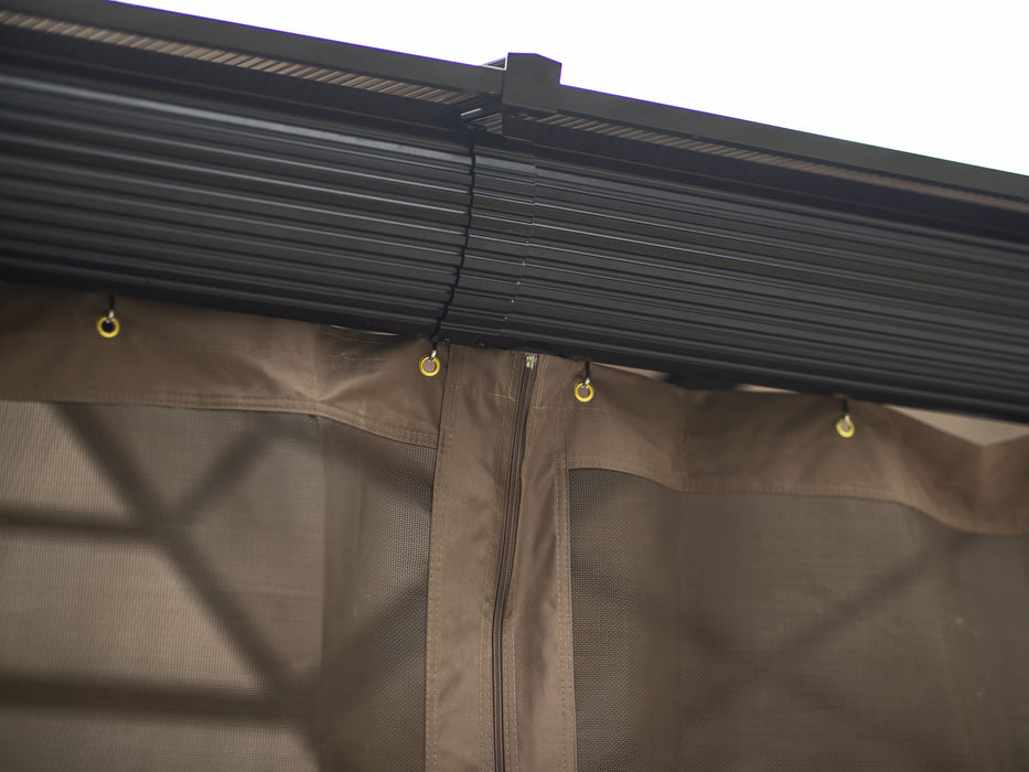 A detailed view of the Metal Venus Gazebo's beige privacy curtain and the hooks available for hanging lights or other items.