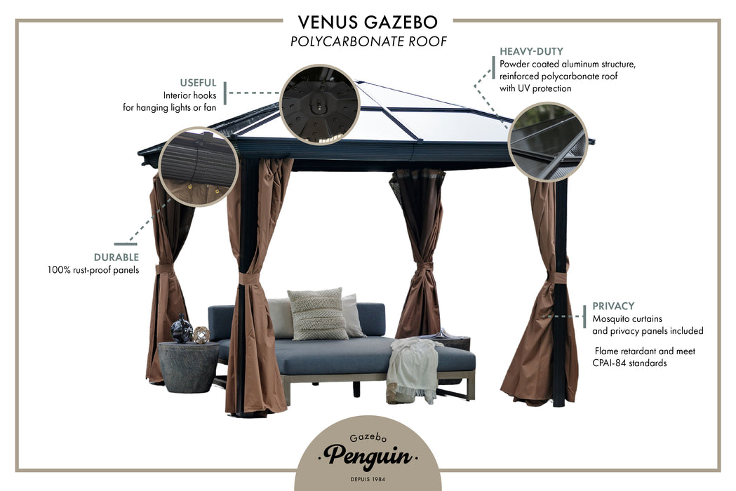 An informative image showing different aspects of the Venus Gazebo, including interior hooks, rust-proof panels, powder-coated aluminum structure with UV protection, and privacy features like mosquito curtains.