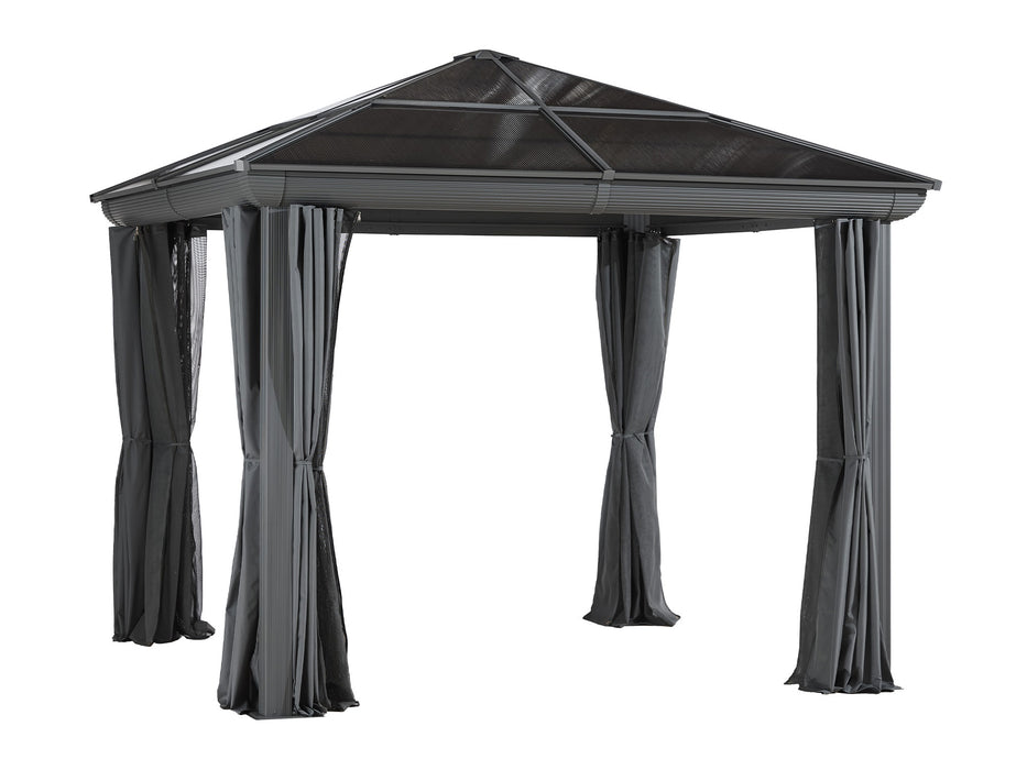 An empty structure of the 10x10 aluminum Gazebo without the curtains, highlighting the slate frame and polycarbonate roof.