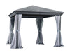 An empty structure of the Aluminum Venus Gazebo Metal Roof without the curtains, highlighting the slate frame and metal roof.