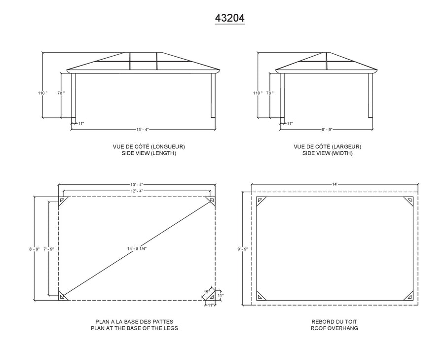 A technical drawing of the 10x14 Venus Gazebo displaying the side view, plan at the base of the legs, and roof overhang with measurements in feet and inches.