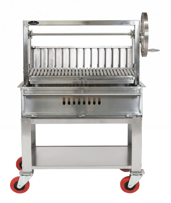 Side view of the Sunterra 48 inch single cart stainless steel Argentine rear brasero grill.