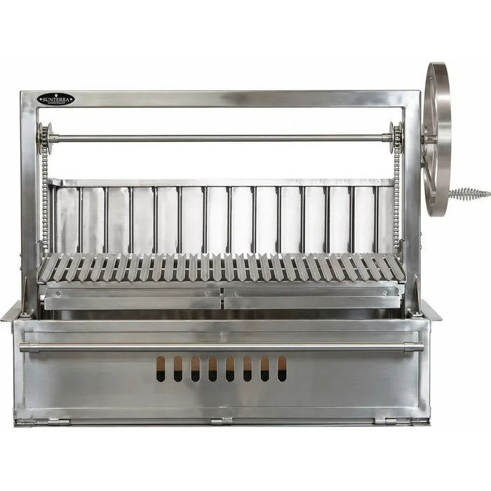 Detail view of the Sunterra 48 inch single stainless steel Argentine rear brasero showing its sturdy grill construction.