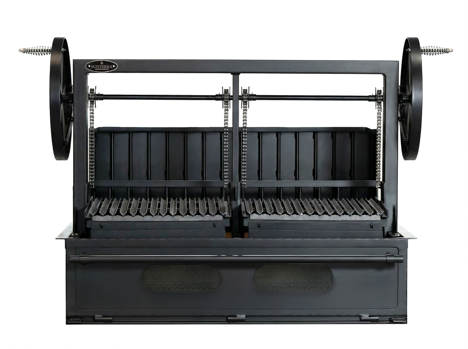 Sunterra Pro Series 48 inch built-in Argentine brasero grill with split grate, showcasing durable construction and rear de...
