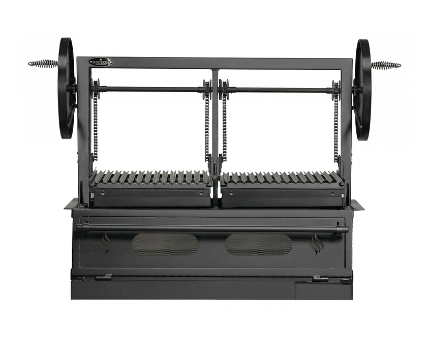 Sunterra Pro Series 48 inch built-in Santa Maria grill showing detail of the split grate design for wood-fire cooking.