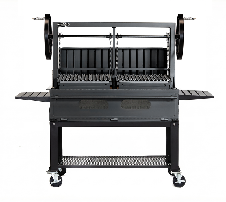 Sunterra 48 inch Argentine brasero grill on cart with split grate, shown from a side angle highlighting build quality.