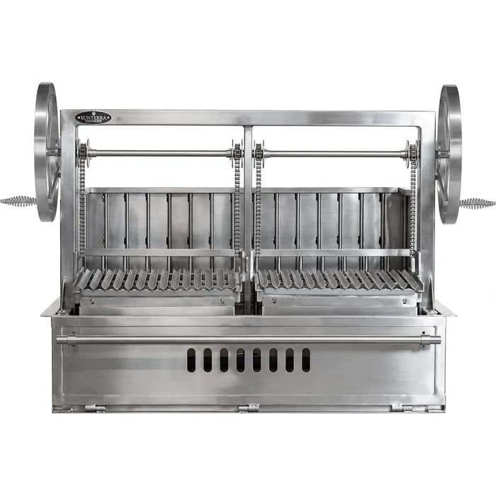 Sunterra 48 inch split stainless steel Argentine rear brasero grill, showing detailed construction and design.