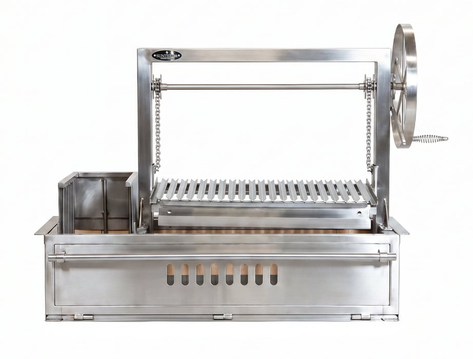 Sunterra 48 inch stainless steel Argentine side brasero grill shown from the front, highlighting its sleek outdoor cooking...