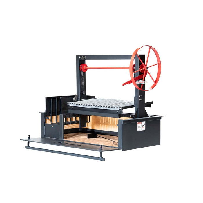 Angled side view of the Sunterra Argentine Side Brasero Grill 48" without cart, highlighting the red wheel and grill grates.