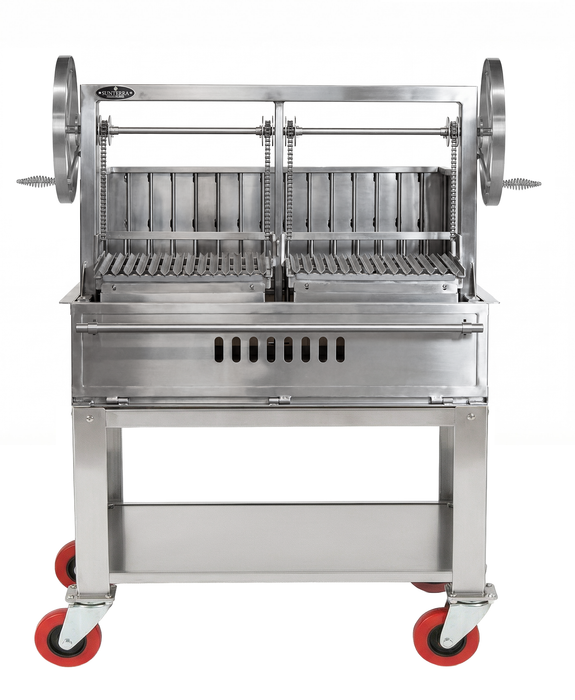 Sunterra 48in split cart stainless Argentine rear brasero grill shown from a side angle, highlighting its sturdy build.