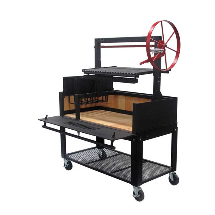 Angled view of the Sunterra 48in Argentine Side Brasero Grill with cart, highlighting the storage shelf and grill details.