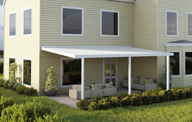 A close up image of the Optima Patio Cover with 3 posts supporting the cover installed against the wall.