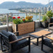 Cedar Urban Raised Garden Bed 4x1.5 on a rooftop terrace overlooking the city and water, planted with geraniums, coleus and trailing greens