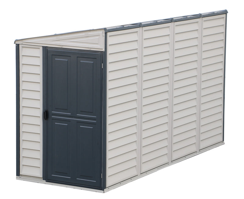 Exterior view of the Duramax Sidemate Plus 4'x10' shed in gray vinyl resin, showing its streamlined design and secure door.