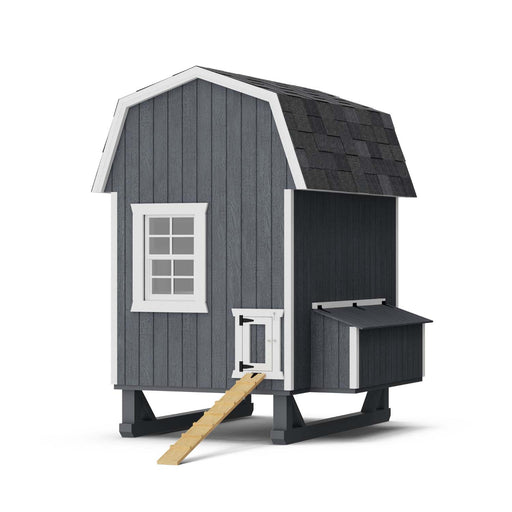 Compact 4x6 Little Cottage Co. Gambrel Barn Chicken Coop in gray with white trim, showing ramp, side window, and raised wooden foundation.