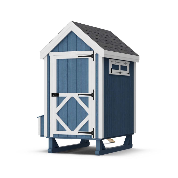 Compact 4x6 Little Cottage Co. Colonial Gable Chicken Coop in blue with white accents, showing the front entry door and ventilation window.