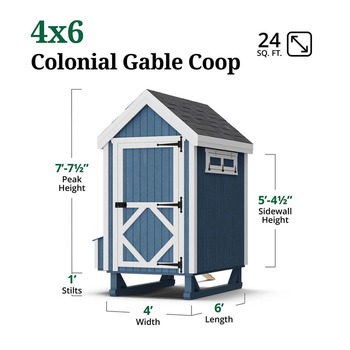 Little Cottage Co. 4x6 Colonial Gable Chicken Coop in blue with white trim, featuring a labeled dimension guide for peak and sidewall height, width, and length.