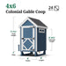 Little Cottage Co. 4x6 Colonial Gable Chicken Coop in blue with white trim, featuring a labeled dimension guide for peak and sidewall height, width, and length.