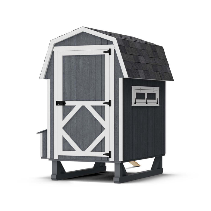 Back view of the Little Cottage Co. 4x6 Gambrel Barn Chicken Coop in gray with white trim, showing vented window and elevated wooden frame.