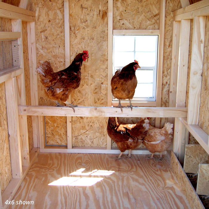 Interior ventilation area of Little Cottage Co. 4x6 Gambrel Barn Coop showing wooden studs and mesh-covered vent along the upper wall.