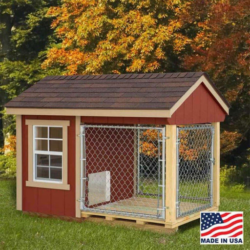 EZ-Fit 4x7 dog kennel kit featured against an autumnal tree backdrop, showcasing its outdoor compatibility.