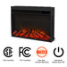 Real Flame 5092 Slim electric firebox insert shown with CSA Certified, FCC Certified, one-year limited warranty, and automatic safety shut-off icons