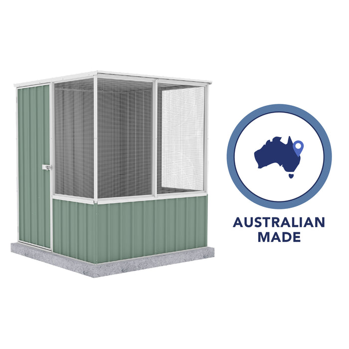 Absco 5' x 5' Chicken Coop - Pale Eucalypt with 'Australian made and owned' badge, isolated on white.