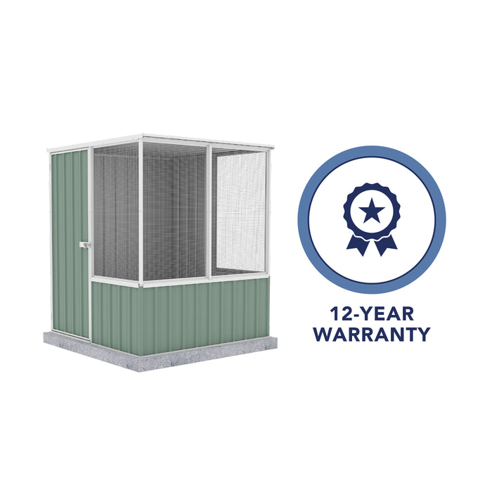 Absco Chicken Coop 5 by 5 ft - Pale Eucalypt with a '12 Year Warranty' badge, on a white background.